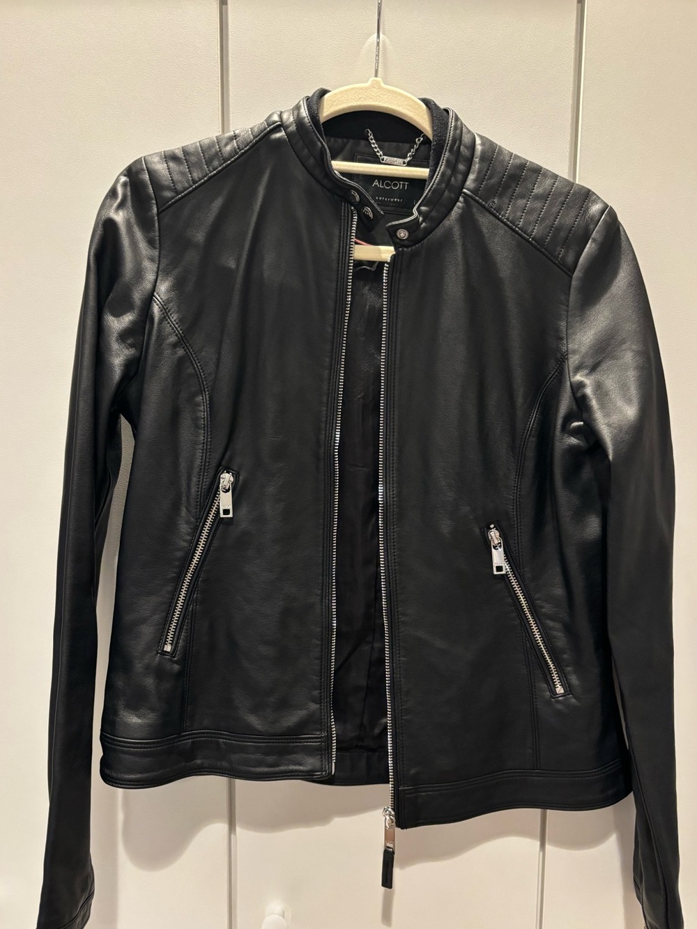 Alcott Black Quilted-Shoulder Leather Jacket